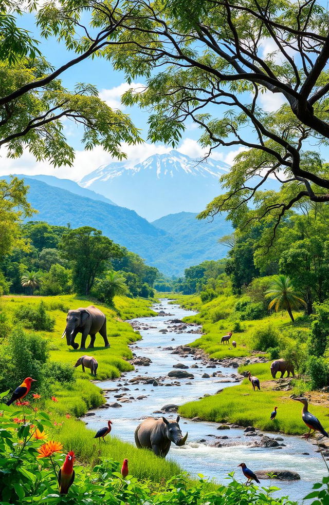 A scenic view of a Northeast Indian wildlife sanctuary, showcasing diverse flora and fauna, including lush green landscapes, majestic mountains in the background, and vibrant wildlife like elephants, rhinos, and various bird species