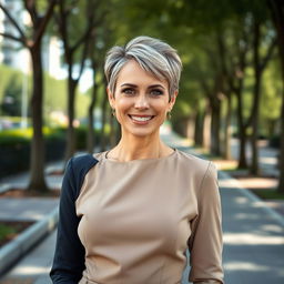 A full-body portrait of an attractive 45-year-old Russian woman with a chic short haircut standing confidently