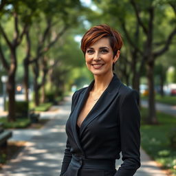 A full-body portrait of an attractive 45-year-old Russian woman with a chic short haircut standing confidently