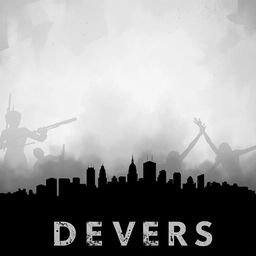 A book cover design featuring a dark silhouette of a city at the bottom, representing the city of Devers, with a neutral upper background adorned in shades of gray and white, creating a stark contrast with the cityscape