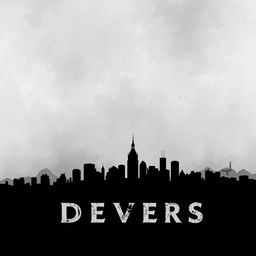 A book cover design featuring a dark silhouette of a city at the bottom, representing the city of Devers, with a neutral upper background adorned in shades of gray and white, creating a stark contrast with the cityscape