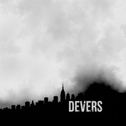 A book cover design featuring a dark silhouette of a city at the bottom, representing the city of Devers, with a neutral upper background adorned in shades of gray and white, creating a stark contrast with the cityscape
