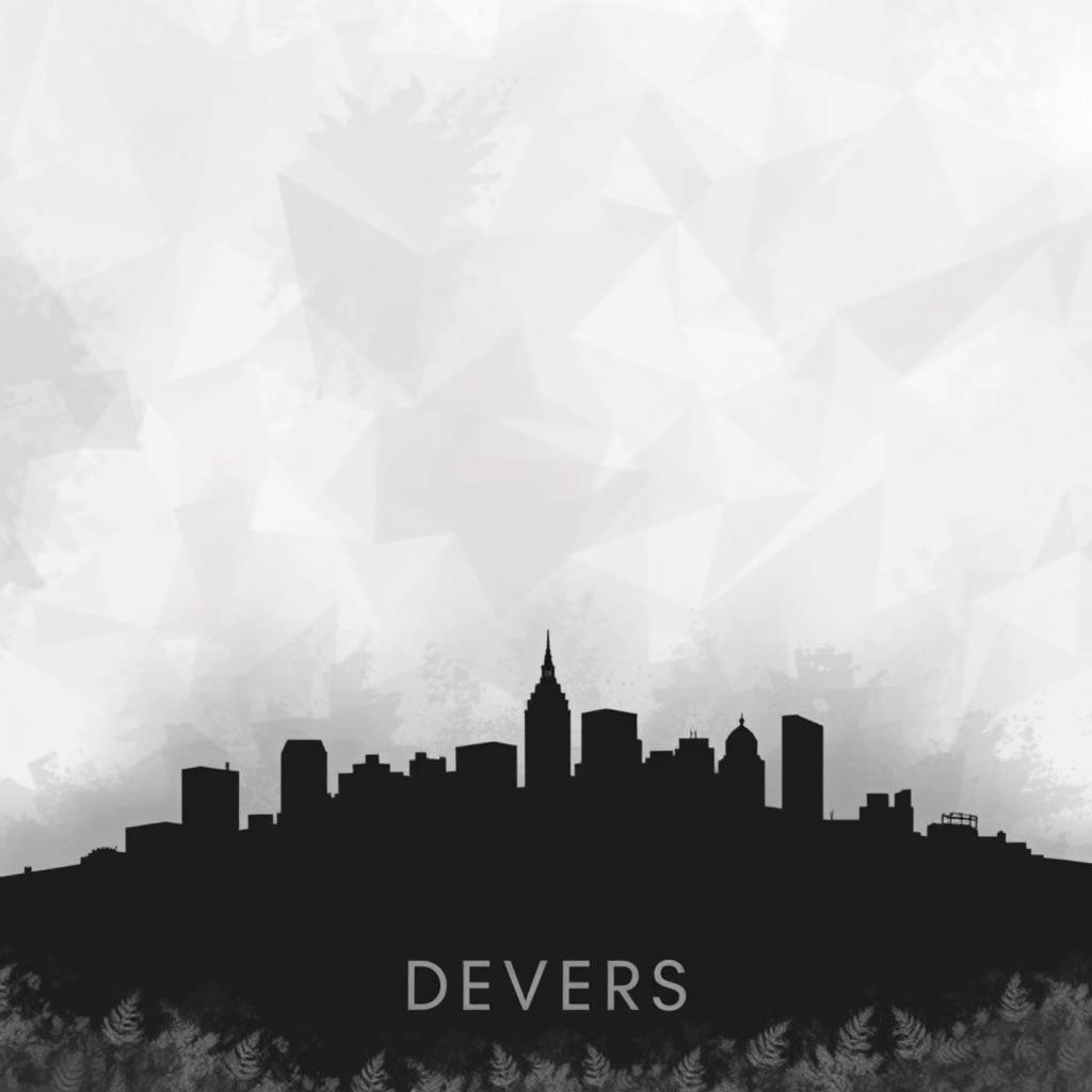 A book cover design featuring a dark silhouette of a city at the bottom, representing the city of Devers, with a neutral upper background adorned in shades of gray and white, creating a stark contrast with the cityscape