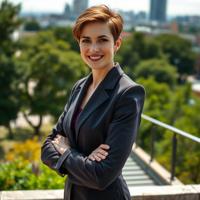 A full-body portrait of an attractive 45-year-old Russian woman with a stylish short haircut standing confidently