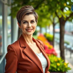 A full-body portrait of an attractive 45-year-old Russian woman with a stylish short haircut standing confidently