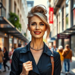 A full-body portrait of an attractive 45-year-old Russian woman with a trendy hairstyle, standing confidently