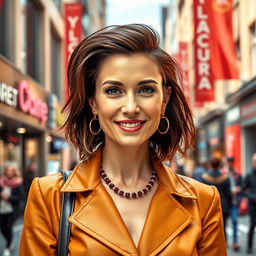 A full-body portrait of an attractive 45-year-old Russian woman with a trendy hairstyle, standing confidently