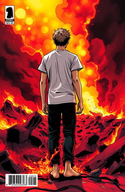 A comic book cover featuring a young man seen from behind, wearing a white t-shirt and black pants, barefoot