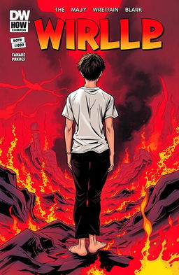 A comic book cover featuring a young man seen from behind, wearing a white t-shirt and black pants, barefoot