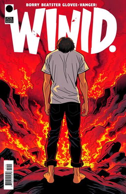 A comic book cover featuring a young man seen from behind, wearing a white t-shirt and black pants, barefoot