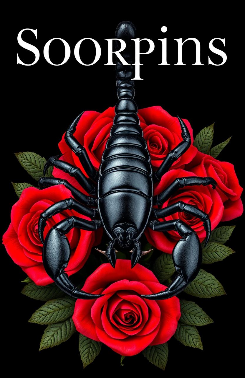 A stunning cover design featuring a large black scorpion prominently displayed at the center