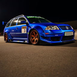 A blue 2001 VW Passat R36 L wagon drift car with a wide body kit and gender flares, featuring a striking racing livery and a carbon hood