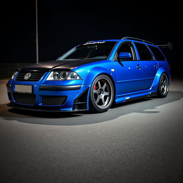 A blue 2001 VW Passat R36 L wagon drift car with a wide body kit and gender flares, featuring a striking racing livery and a carbon hood