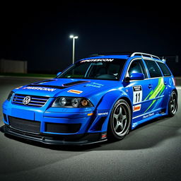 A blue 2001 VW Passat R36 L wagon drift car with a wide body kit and gender flares, featuring a striking racing livery and a carbon hood