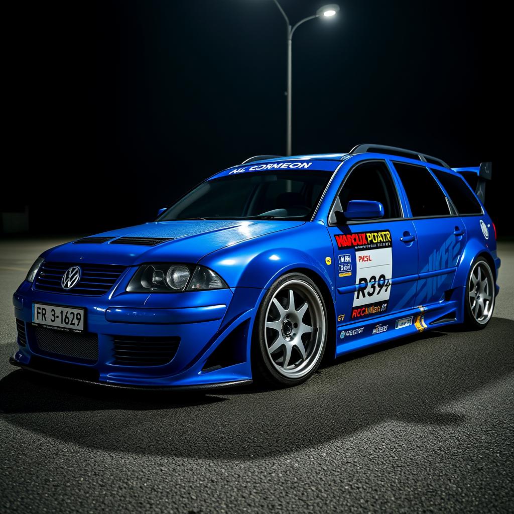 A blue 2001 VW Passat R36 L wagon drift car with a wide body kit and gender flares, featuring a striking racing livery and a carbon hood