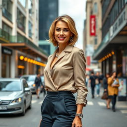 A full-body portrait of an alluring 45-year-old Russian woman with a fashionable hairstyle, standing confidently
