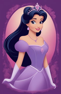 This is a high-quality digital art image of a vibrant purple graphic t-shirt featuring a charming print of a princess in a classic animated style