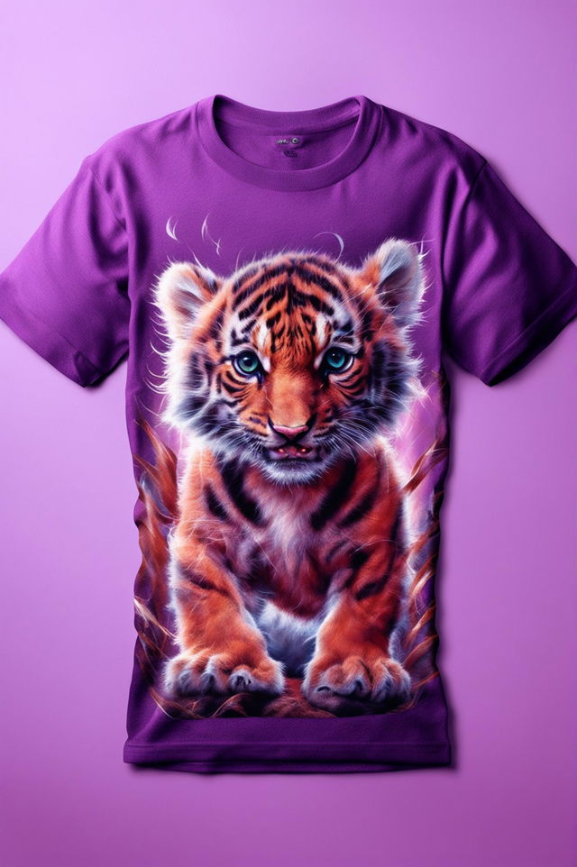 This is a high-quality digital art image of a vibrant purple graphic t-shirt featuring a detailed, lifelike print of a playful tiger cub