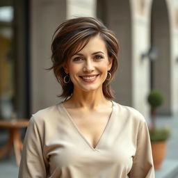 A full-body portrait of an attractive 45-year-old Russian woman with a modern hairstyle, standing confidently