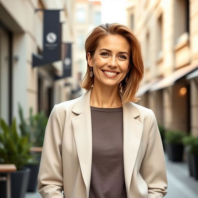 A full-body portrait of an attractive 45-year-old Russian woman with a modern hairstyle, standing confidently