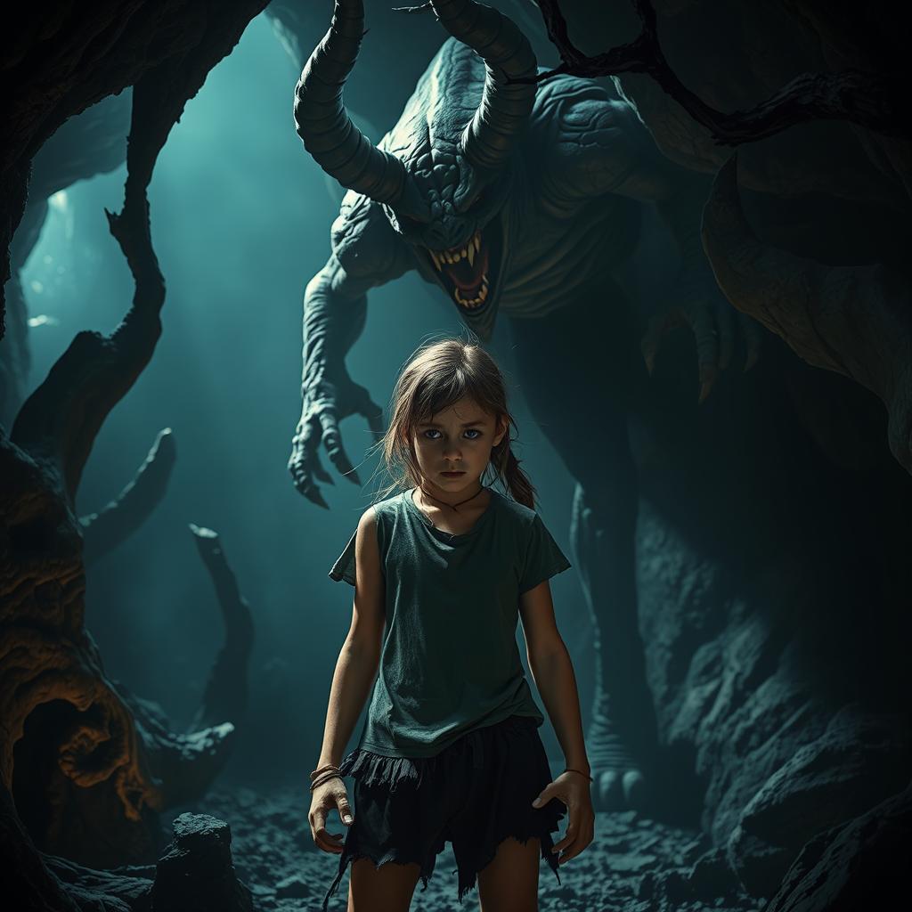 A dramatic scene set in a dark, demonic cave where a menacing demon looms over a girl who looks both frightened and defiant