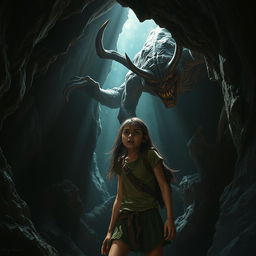 A dramatic scene set in a dark, demonic cave where a menacing demon looms over a girl who looks both frightened and defiant