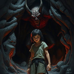 A dramatic scene set in a dark, demonic cave where a menacing demon looms over a girl who looks both frightened and defiant