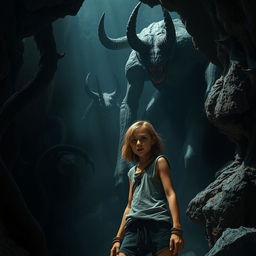 A dramatic scene set in a dark, demonic cave where a menacing demon looms over a girl who looks both frightened and defiant
