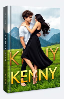 A 3D book cover featuring a young man with curly brown hair wearing a white t-shirt and black pants, barefoot, embracing a young woman in a black dress, who is also barefoot