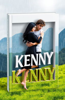 A 3D book cover featuring a young man with curly brown hair wearing a white t-shirt and black pants, barefoot, embracing a young woman in a black dress, who is also barefoot