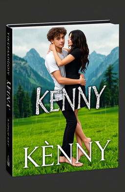 A 3D book cover featuring a young man with curly brown hair wearing a white t-shirt and black pants, barefoot, embracing a young woman in a black dress, who is also barefoot