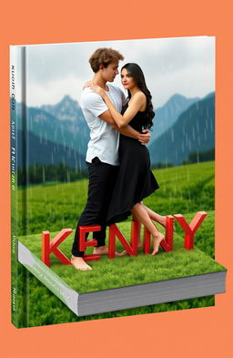 A 3D book cover featuring a young man with curly brown hair wearing a white t-shirt and black pants, barefoot, embracing a young woman in a black dress, who is also barefoot
