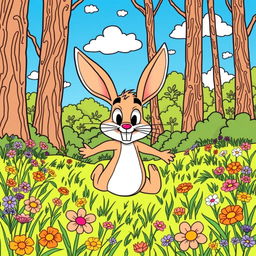 A detailed and playful coloring page illustration featuring a fast hare in a vibrant, lush forest setting