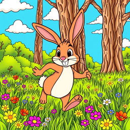 A detailed and playful coloring page illustration featuring a fast hare in a vibrant, lush forest setting