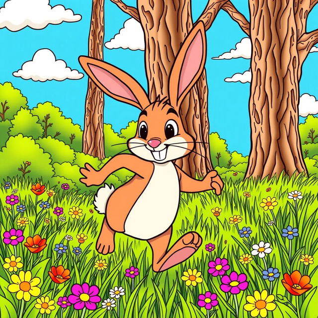 A detailed and playful coloring page illustration featuring a fast hare in a vibrant, lush forest setting