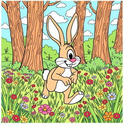 A detailed and playful coloring page illustration featuring a fast hare in a vibrant, lush forest setting
