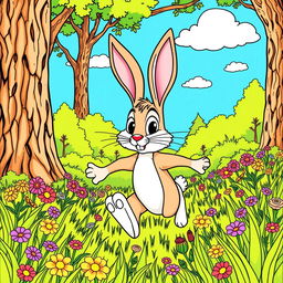 A detailed and playful coloring page illustration featuring a fast hare in a vibrant, lush forest setting