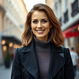 A full-body portrait of an attractive 45-year-old Russian woman with a modern and stylish hairstyle, standing confidently