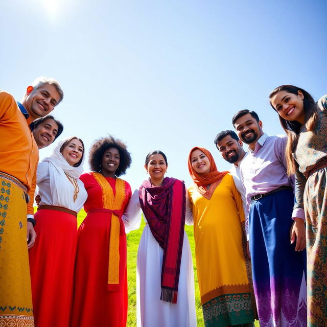 A diverse group of people standing together in a circle, showcasing a harmonious blend of different ethnicities including Caucasian, African, Asian, and Middle-Eastern individuals