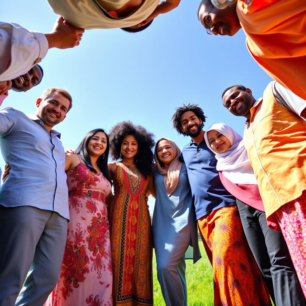 A diverse group of people standing together in a circle, showcasing a harmonious blend of different ethnicities including Caucasian, African, Asian, and Middle-Eastern individuals