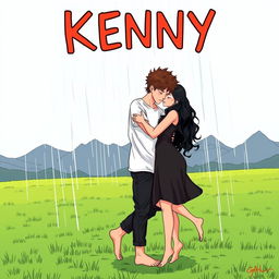 A comic book illustration featuring a young man with curly brown hair wearing a white t-shirt and black pants, barefoot, embracing a young woman in a black dress, who is also barefoot
