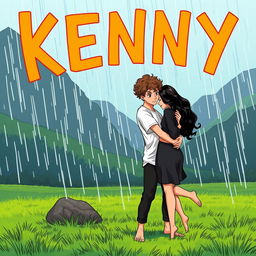 A comic book illustration featuring a young man with curly brown hair wearing a white t-shirt and black pants, barefoot, embracing a young woman in a black dress, who is also barefoot