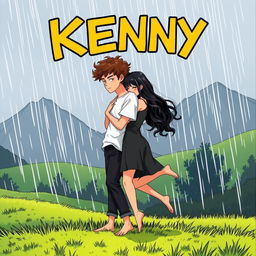A comic book illustration featuring a young man with curly brown hair wearing a white t-shirt and black pants, barefoot, embracing a young woman in a black dress, who is also barefoot