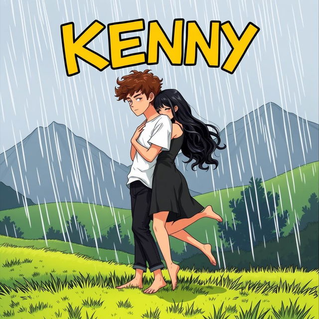 A comic book illustration featuring a young man with curly brown hair wearing a white t-shirt and black pants, barefoot, embracing a young woman in a black dress, who is also barefoot