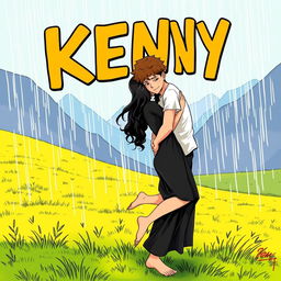 A comic book illustration featuring a young man with curly brown hair wearing a white t-shirt and black pants, barefoot, embracing a young woman in a black dress, who is also barefoot