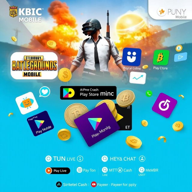 An eye-catching advertisement image showcasing various mobile games and applications like PUBG Mobile, Free Fire, and social apps like Bigo Live, Social Party Star, Heya Chat, TikTok, Like, and Migo Live