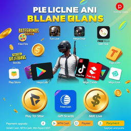 An eye-catching advertisement image showcasing various mobile games and applications like PUBG Mobile, Free Fire, and social apps like Bigo Live, Social Party Star, Heya Chat, TikTok, Like, and Migo Live