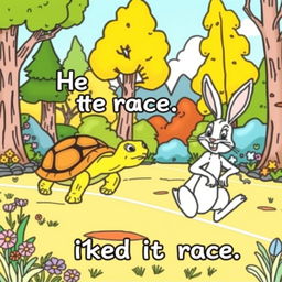 An illustration for a coloring page depicting the story of 'The Tortoise and the Hare'