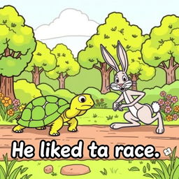 An illustration for a coloring page depicting the story of 'The Tortoise and the Hare'