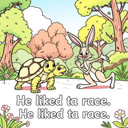 An illustration for a coloring page depicting the story of 'The Tortoise and the Hare'